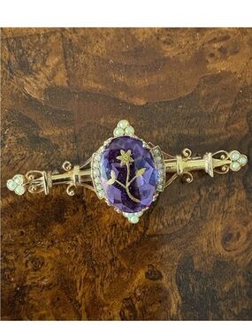 Yellow Gold & Amethyst Brooch Pearls & Filigree Rare Elegance Vintage Estate